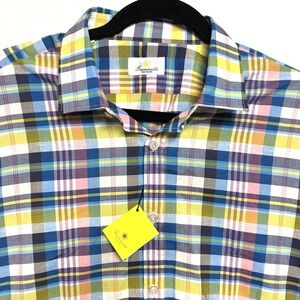 Giannetto Portofino NWT Casual Button Shirt Men Size L Blue Yellow Check Cotton‎